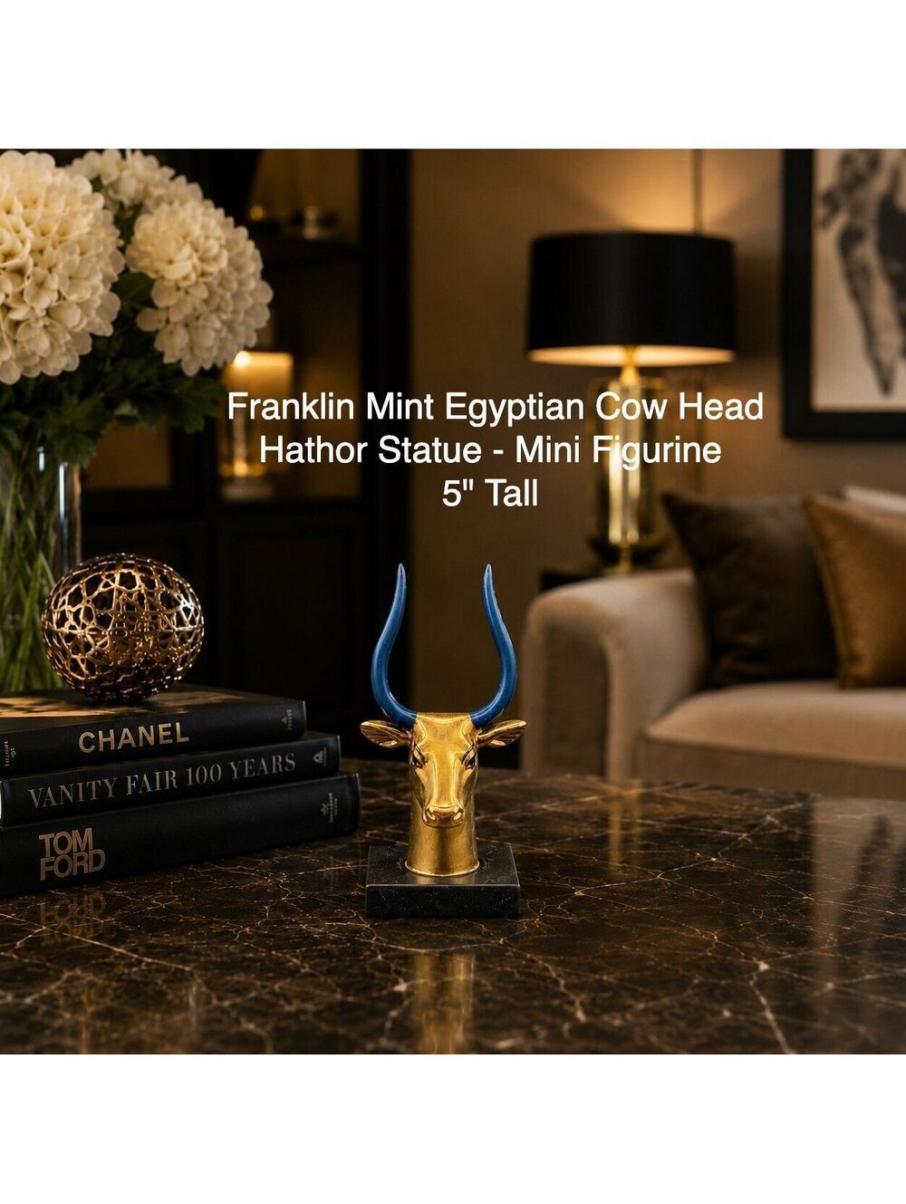Vtg Franklin Mint Egyptian Cow Head Hathor Statue Gold Blue Horns 1989 Decor 5"